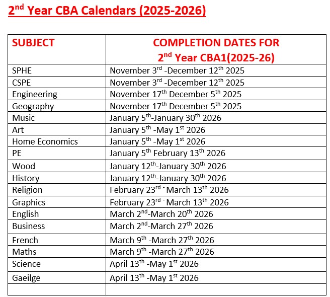 2nd year CBA calendar